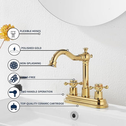 Bathroom Faucet Polished Gold GGStudy 2 Handles 4 Inches Centerset Bathroom Vanity with Drain Assembly and Supply Hose Lavatory Faucet Mixer Double Handle Tap