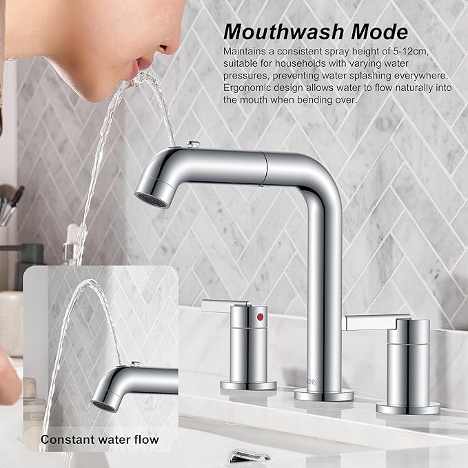 KENES Pull Down Bathroom Faucet with Sprayer, Chrome 8 Inch 2 Handle Widespread Bathroom Faucet 3 Hole with Pull Out Sprayer, Vanity Faucet with Pop Up Drain & Supply Lines LJ-9058A-5