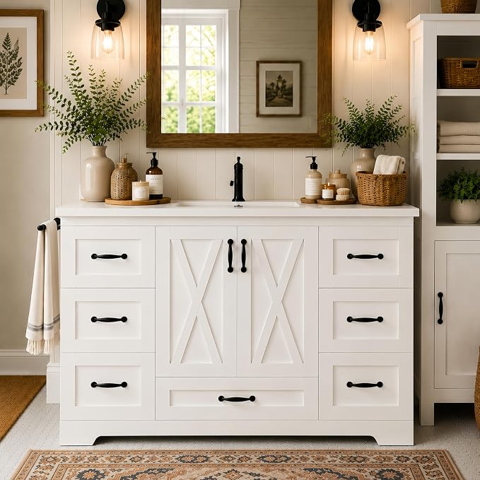 Bellemave 48" Bathroom Vanity with Sink, Bathroom vanities, Grey Bathroom Vanity with Drawers, Sink Cabinet, White, 48"