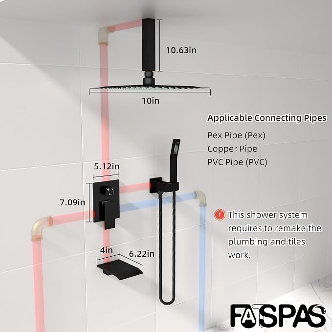 Shower System with 10-Inch Rain Head and Tub Spout | All-Metal Tub Shower Faucet Set, Ceiling Mount Rain Showerhead, Handheld Spray, Includes Valve and Trim Kit, Matte Black