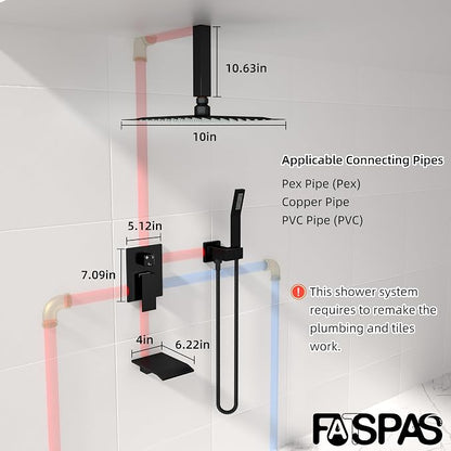 Shower System with 10-Inch Rain Head and Tub Spout | All-Metal Tub Shower Faucet Set, Ceiling Mount Rain Showerhead, Handheld Spray, Includes Valve and Trim Kit, Matte Black