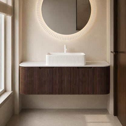 48 Inch Bathroom Vanity with Sink, Floating Wall Mounted Single Sink Vanity, Dark Walnut Curved Fluted Front, Stone Top, White Textured Rectangular Vessel Basin, Pre-Assembled