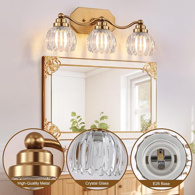 Bathroom Vanity Light, Gold Vintage Tulip Glass Shade, Antique Brass Finish | 3 Light Brushed Gold Bathroom Light Fixtures, Crystal Wall Sconce, Mounted Over Mirror for Bedroom Hallway, Easy to Install