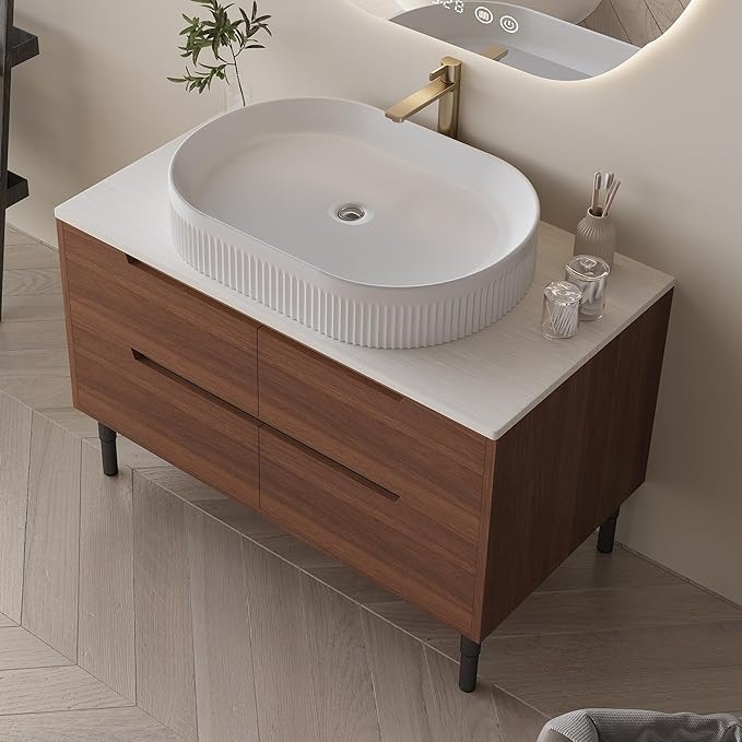 36" Bathroom Vanity with Above Oval Sink Set, Modern Walnut 2-in-1 Wall Mounted & Freestanding Bathroom Vanity Cabinet with Sintered Stone top&4 Storage Drawers, Bathroom Single Sink Cabinet