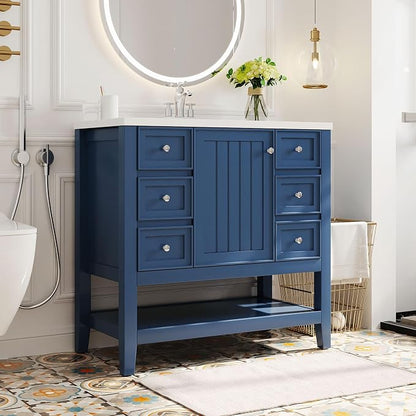36" Bathroom Vanity with Sink Combo,One Three Drawers,Multi-Functional Solid Wood Cabinets Frame w/Adjustable Shelf & Silver Round Knobs,Stainless Steel Hinges,Blue