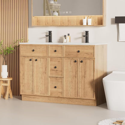 LUCKWIND 48" Farmhouse Bathroom Vanity with Sink Combo, Rustic Modern Bathroom Cabinet with Undermount Solid Surface Double Sink, Soft-Close Hinges & Water-Saving Faucet, Natural