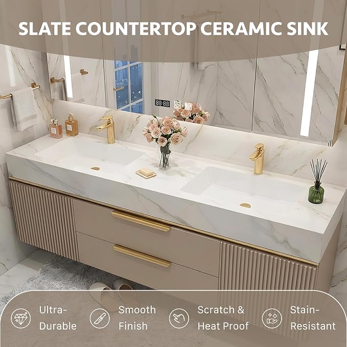 72 Inch Floating Bathroom Vanity with Double Sink, Khaki | Smart LED Defog Medicine Cabinet, Sintered Stone Countertop, Solid Wood, 2 Soft-Close Doors & Drawers, Khaki