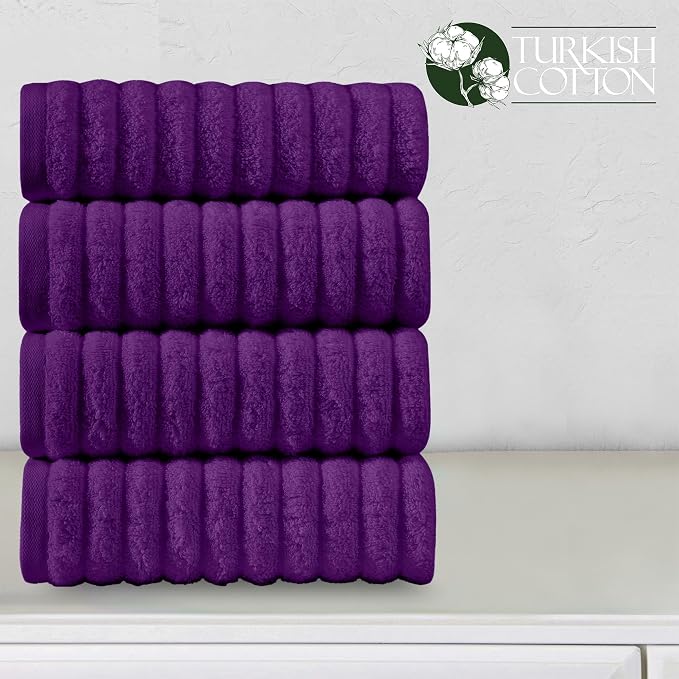 Elegant Comfort Luxury 100% Turkish Cotton Corduroy Ribbed 4 Pack Hand Towel Set 16 x 28 Inch - Absorbent, Super Soft, Quick Dry, Premium Towels for Bathroom, Gym, Spa and Hotel Use, Purple