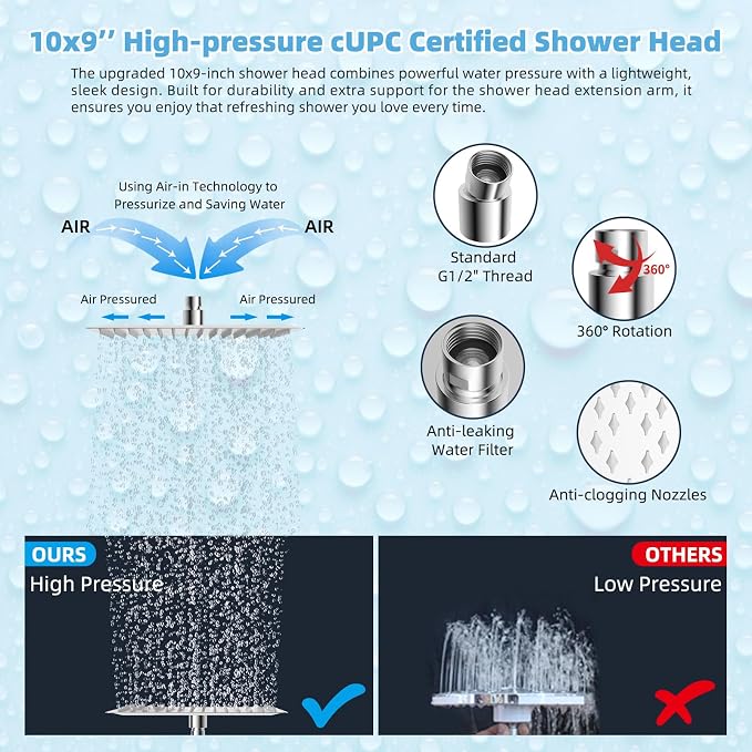 Hibbent All Metal CUPC Certified 10'' Rain Shower Head, Dual Shower Head Combo, High Pressure Handheld 4 Sprays Shower Wand, 16'' Adjustable Extension Arm, 71'' Hose, Shower Holder, Chrome