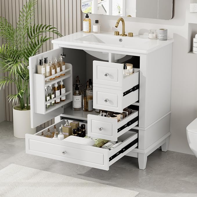 30" Bathroom Vanities Cabinet with Ceramic Sink Set Combo, Multi-Functional Storage Organizer Door Shelf, Three Drawers, Soft-Closing Door, White