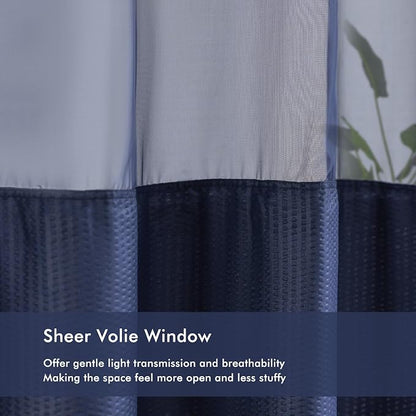No Hook Navy Shower Curtain with Snap-in Fabric Liner 71x74 | Embossed Waffle-Look Textured, Sheer Window, Soft & Lightweight, Water Repellent Blue Fabric Shower Curtain for Bathroom