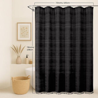 Black Shower Curtain 78 Inch Long, Boho Farmhouse Thick Linen Textured Fabric Shower Curtain with Tassel, Minimalist Striped Weighted Machine Washable Bathroom Decor, 72Wx78L Inches