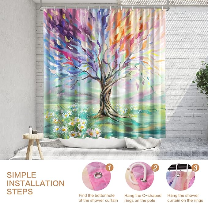 Oil Painting Tree Shower Curtain, Colored Seasons Tree Shower Curtain for Bathroom with 12 Hooks Polyester Fabric Washable Shower Curtain Set Home Office Farmhouse Decor Bath Curtain | 72x72 inch Shower Curtains for Bathroom Polyester Fabric Waterproof...