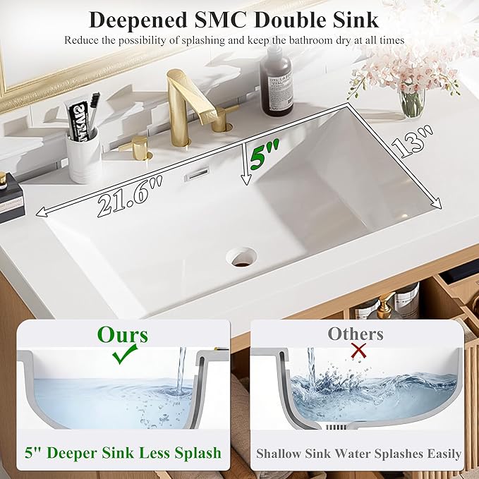 60" Bathroom Vanity with Sink Combo, Floating Double Sink Bathroom Vanity with SMC Resin Top, MDF Cabinet with Solid Wood Frame, Wall-Mounted Bath Room Vanities for Large Bathrooms, Wood