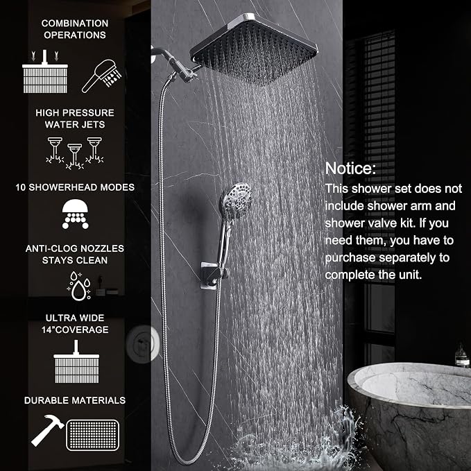 Rainfall Shower Head with Handheld, 14 Inch Rain Shower Head Combo,High Pressure Fixed Showerhead and 10 Spray Settings Handheld Shower Heads,Bathroom Accessories,Chrome