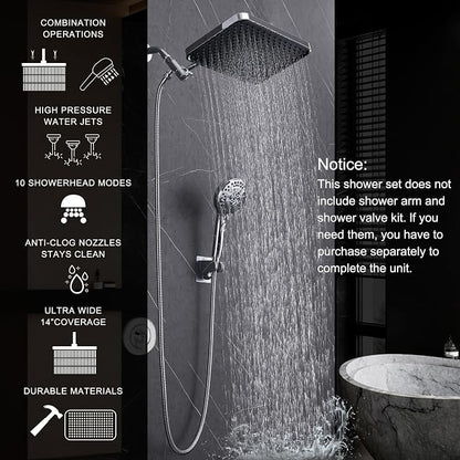 Rainfall Shower Head with Handheld, 14 Inch Rain Shower Head Combo,High Pressure Fixed Showerhead and 10 Spray Settings Handheld Shower Heads,Bathroom Accessories,Chrome