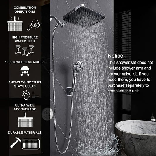 Rainfall Shower Head with Handheld, 14 Inch Rain Shower Head Combo,High Pressure Fixed Showerhead and 10 Spray Settings Handheld Shower Heads,Bathroom Accessories,Chrome