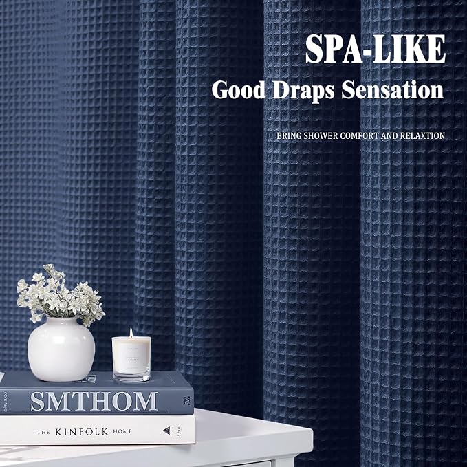 Long Waffle Shower Curtain Heavyweight Cotton Fabric Navy Blue 72Wx78L | Soft Cotton Cloth,3D Square Truely Waffle,Washable, Hotel Luxury Spa, Shower Curtains for Narrow Bathroom 12 Plastic Hooks