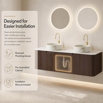 60 Inch Double Sink Bathroom Vanity, Floating Wall Mounted Cabinet, Dark Walnut Curved Fluted Front, Stone Top, Dual Marble-Look Round Vessel Basins, Pre-Assembled