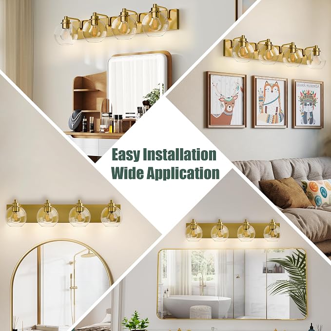 4 Light Bathroom Light Fixtures-Brushed Gold Bathroom Vanity Lights, Modern Vanity Lights 4-Light Bathroom Lighting Fixtures Over Mirror with Clear Glass Globe Shade