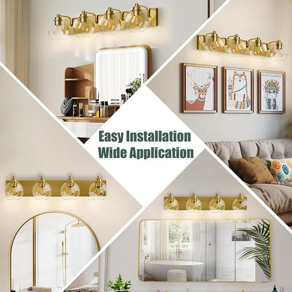 4 Light Bathroom Light Fixtures-Brushed Gold Bathroom Vanity Lights, Modern Vanity Lights 4-Light Bathroom Lighting Fixtures Over Mirror with Clear Glass Globe Shade