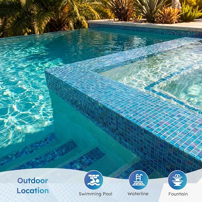 Pool Glass Mosaic Tiles, Iridescent Blue, 1 Inch Sqaure, 5 Sheets | Glass Tile for Swimming Pool, Kitchen Backsplash, Shower, Bathroom Wall, Waterline, Fountain