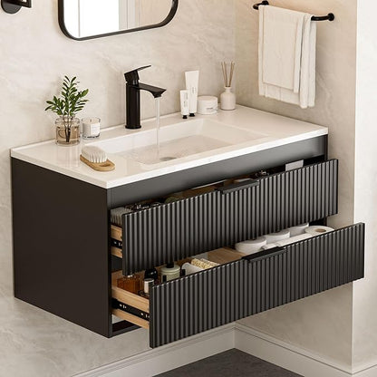36 Inches Modern MDF Bathroom Vanity with Sink, Wall Mounted Floating Cabinets w/Double Drawers, Black Handles, White Resin Sink Combo Set (Black, 36")