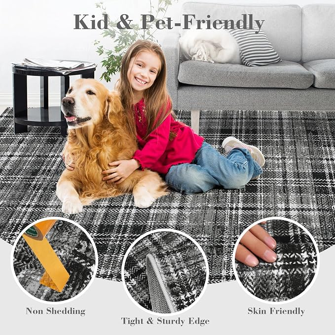 Large Area Rug - 10x13 Modern Black/Grey Plaid Rug for Bedroom, Living Room, Dining Room - Soft, Non-Slip, Low Pile, Stain Resistant Carpet
