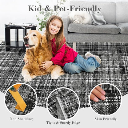 Washable 9x12 Area Rug for Living Room Modern Rugs for Bedroom Black Rug Soft Large Area Rug Non Slip Throw Rugs Low Pile Stain Resistant Carpet for Nursery Dining Room 9'x12' Black/Grey