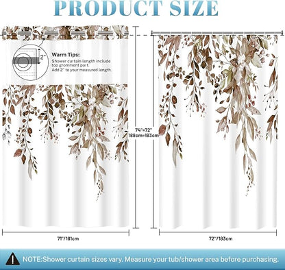 No Hook Floral Shower Curtain with Liner, Eucalyptus Taupe, 71x74 | Snap in Liner, 3 in 1, Water Repellent, Easy Install, Machine Washable, Hotel Style for Bathroom, Watercolor Pattern