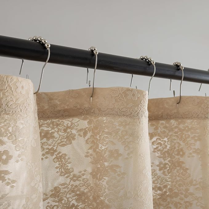 TUDECO Beige Lace Shower Curtain with Attached Valance, 72 x 72 Inch | Antique Vintage, Floral Pattern, Tan Bathroom Curtain, Scalloped Edges, Light Filtering, Soft Privacy, Reinforced Holes