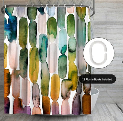 Americanflat 71x74 Oval Pattern Shower Curtain - Water-Resistant Long Shower Curtain with Metal Grommets and 12 Hooks - 100% Polyester - Olive Green, Teal, Yellow, Blush Pink, Plum and Burnt Orange