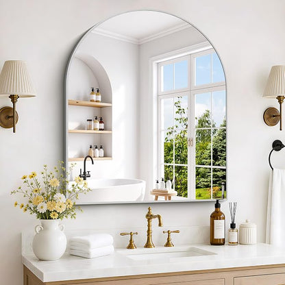 Arched Bathroom Mirror 30x36 Inch, Bathroom Mirror for Over Sink, Wall Mounted Vanity Mirror with Aluminum Frame & Tempered Glass, Ideal for Bedroom, Entryway, Living Room, Mantel, Silver