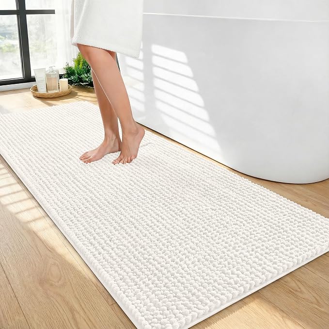 OLANLY Thick Chenille Bathroom Runner Rugs 44x24, Absorbent Bath Mat, Ivory | Soft Bath Rugs, Rubber Backing, Machine Wash Dry, Bath Mats for Bathroom, Tub and Shower, Home Decor Accessories