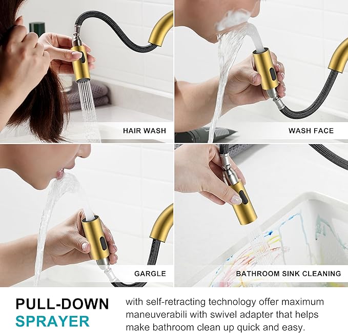 KENES Brushed Gold Single Handle Bathroom Faucet with Pull Out Sprayer, Pull Down Bathroom Sink Faucet with Sprayer, Vanity Bar Faucet with Pop Up Drain & Deck Plate, KE-9065B-4