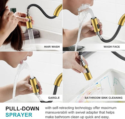 KENES Brushed Gold Single Handle Bathroom Faucet with Pull Out Sprayer, Pull Down Bathroom Sink Faucet with Sprayer, Vanity Bar Faucet with Pop Up Drain & Deck Plate, KE-9065B-4