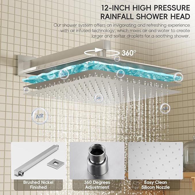 Shower System with Tub Spout, All Metal Tub Shower Faucet Set with 12'' Rain shower heads and handheld spray combo,Wall Mounted Tub Shower Systems with Valve and Trim Kit, Brushed Nickel