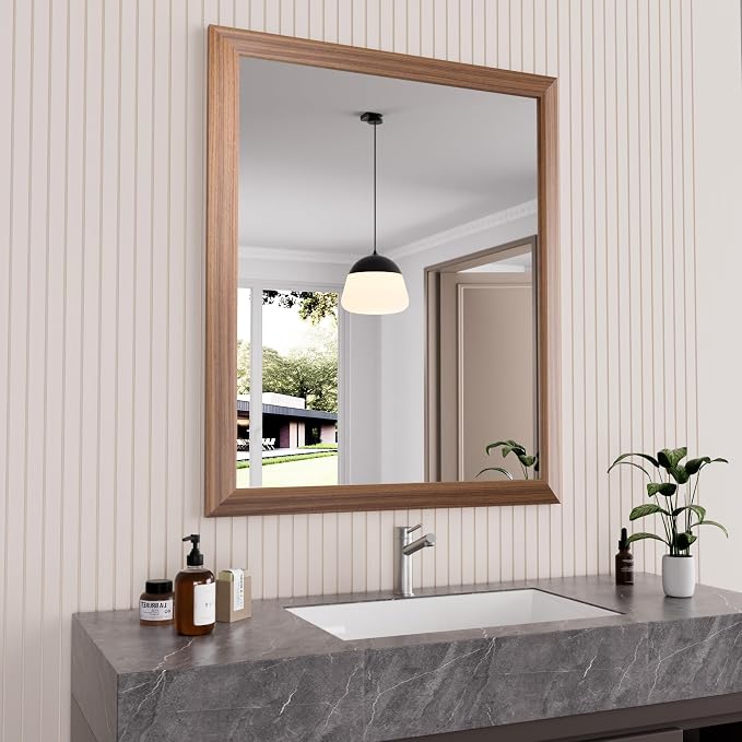 Bathroom Mirror for Wall, 30 X36 Inch (Walnut Wood Grain) | Metal Framed, HD Reflection, Anti-Rust, Hang Horizontally/Vertically, Suitable for Bedroom, Farmhouse, Bathroom, Entryway