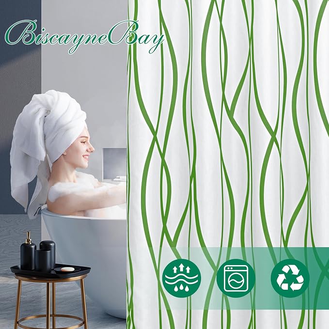 Fabric Modern Shower Curtain-Sage and White Shower Curtains for Bathroom | 72"W x 72"L Textured Faux Linen Luxury Hotel Quality Washable-Abstract Wavy Cloth Bath Curtain-Apartment Minimalist Decor