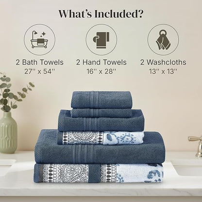Modern Threads Floral Trail 6-Piece 100% Cotton Towel Set – Reversible Yarn Dyed Jacquard – Includes 2 Bath Towels, 2 Hand Towels, 2 Washcloths – Absorbent, Quick Dry, Soft & Durable – Navy