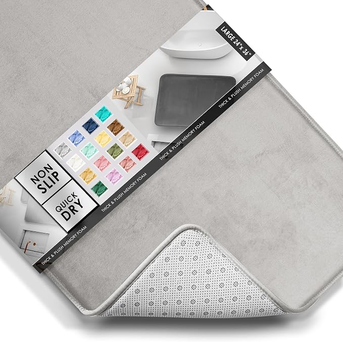Clara Clark Bathroom Rugs, Velvet Memory Foam Bath Mat, Non-Slip Bath Rugs, Machine Wash, Dries Quickly, Ultra Soft Plush Bath Mats for Bathroom, 24 x 36, Silver