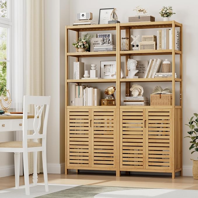 6-Tier Bamboo Book Shelves with 2 Door, Tall Bathroom Storage Cabinet | Freestanding Natural Bamboo Cabinet, 67" Tall Cabinet w/Plant Stand for Home Office, Living Room, Kitchen Dining,Balcony,2PCS