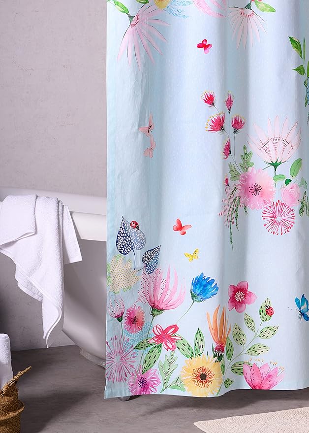 Maison d' Hermine Shower Curtain 100% Cotton One Panel 70"x72" Washable Fabric Shower Curtains for Bathroom, Easy Hanging with 12 Button Holes - Home Hotel Easter Gifts (Jardin D'Ete - Mint)