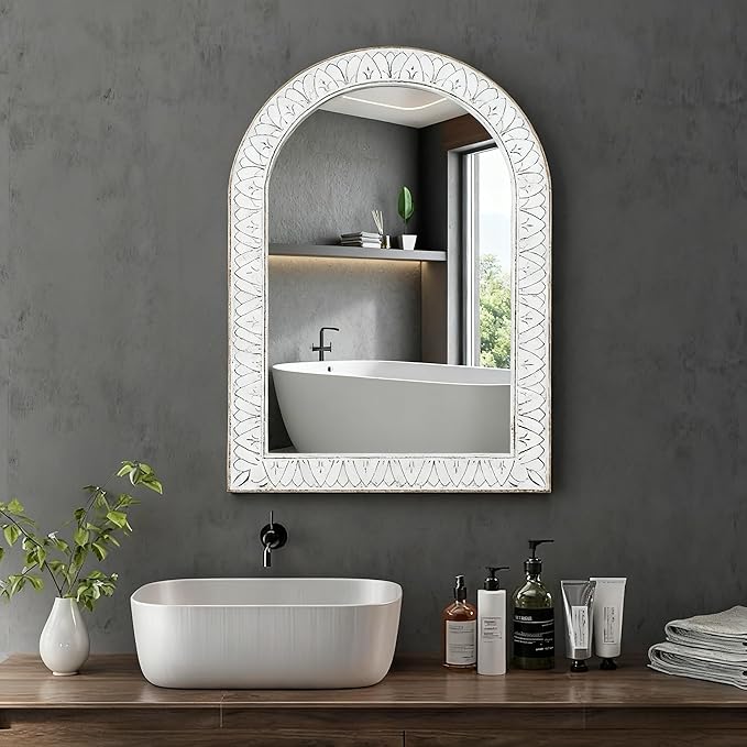 36x24 Inch Arched Wall Mirror with Wooden Frame, Rustic Farmhouse Decorative Arch Mirrors for Bathroom, Bedroom, Living Room, Entryway & Kitchen