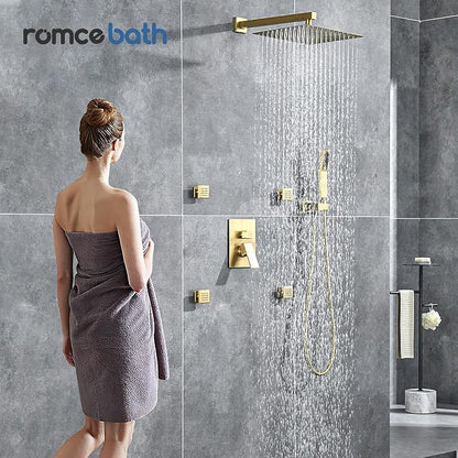 Rain Shower System With Complete 4 Pcs Body Sprays Jets And Pressured Balance Rough-in Valve,12Inch Rainfall Shower Head And Handheld, Modern Brushed Gold Wall Mount Shower Faucets Sets