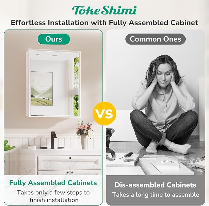 TokeShimi 20 x 26 Recessed Medicine Cabinet with Mirror Surface Mounted, Metal Beveled Mirror with Storage for Bathroom Vanity, Aluminum Alloy White Medicine Cabinet Mirrored