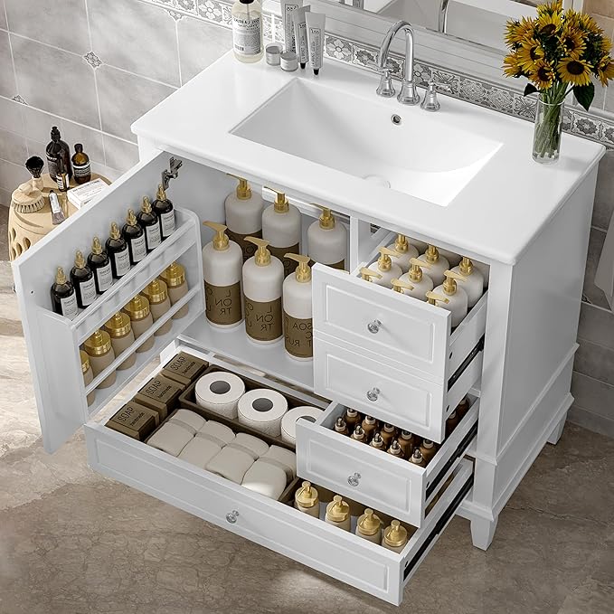 36" Vanity with Sink, Bathroom Vanities 36 Inch with Sink, Single Sink Bathroom Vanity with Door Shelf and Three Drawers, Restroom Vanity with Sink Top (White)