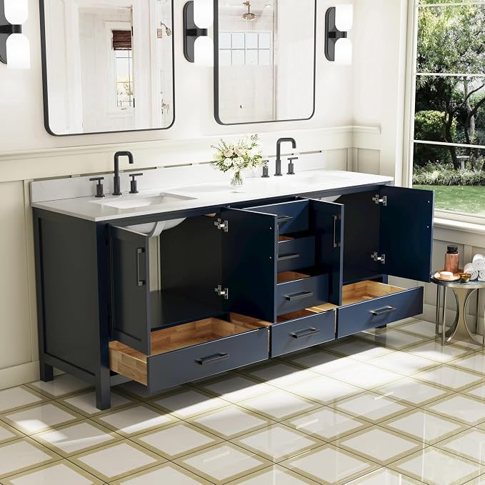 80-Inch Bathroom Vanity with Sink, 4 Soft-Close Doors and 6 Soft-Close Drawers, Bathroom Freestanding Vanity with Cultured Marble Countertop, Navy Blue Vanity with Matte Black Handles