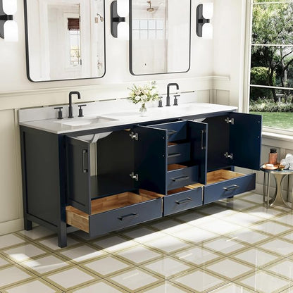 80-Inch Bathroom Vanity with Sink, 4 Soft-Close Doors and 6 Soft-Close Drawers, Bathroom Freestanding Vanity with Cultured Marble Countertop, Navy Blue Vanity with Matte Black Handles
