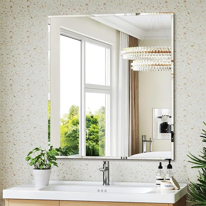 Frameless Bathroom Mirror, 32"x36" Beveled Bathroom Vanity Mirror | Wall Mount Mirrors for Bedroom Entryway Living Room Hangs Horizontally or Vertically